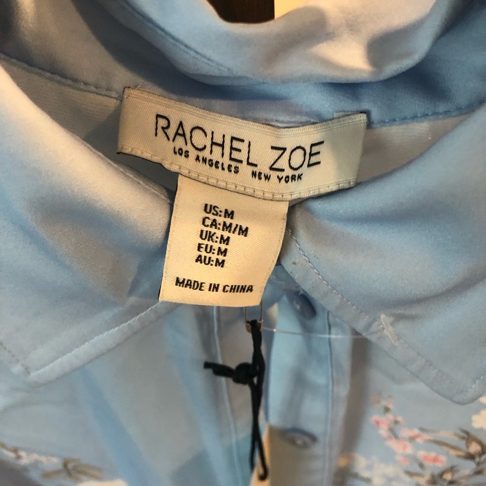 Sale! New RACHEL JOE Light Pastel Blue Floral Satin like Button-Up Blouse - Picture 4 of 6